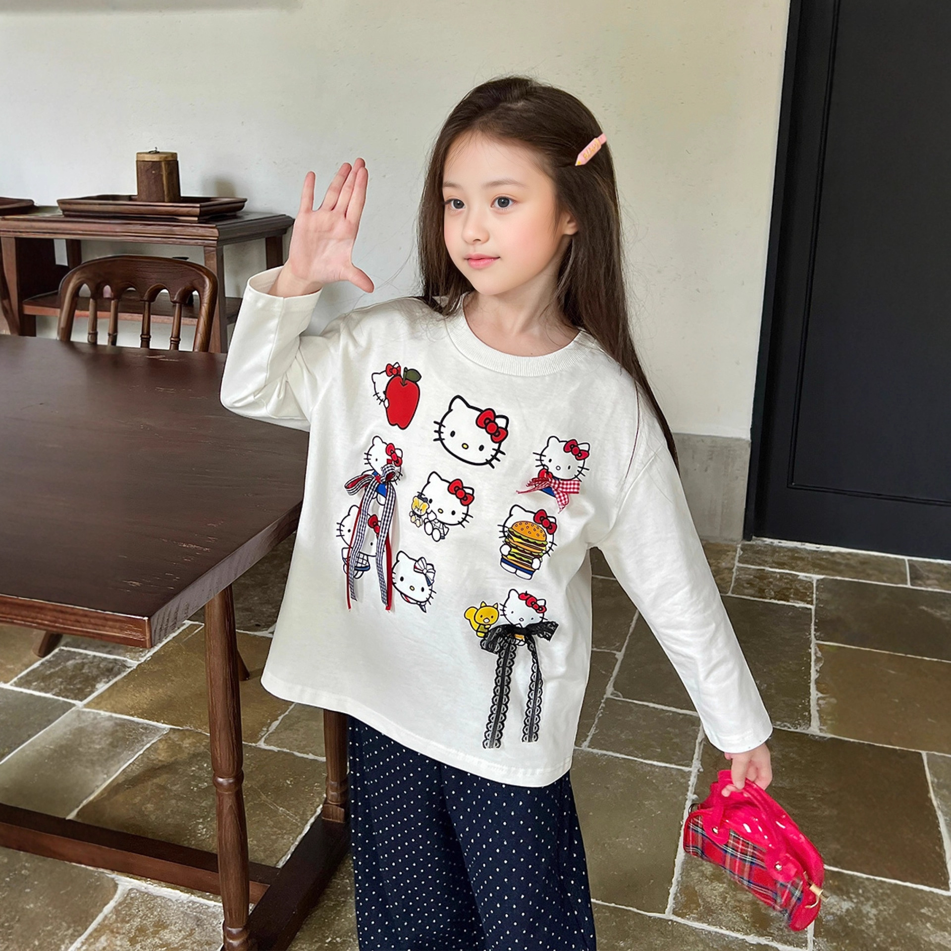 Aini Girls Kitty Kitten Cartoon Print White Long-Sleeved T-Shirt Kidsren Girls Bow Versatile Bottoming Shirt
