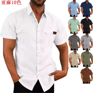 2026亚马逊ebay热卖爆款 夏季翻领纯色短袖纽扣男士亚麻衬衣男装