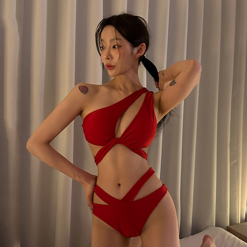 2023年新款歐美跨境泳裝bikini單肩吊帶性感兩件套比基尼外貿