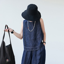 2025夏细支麻斜纹色织牛仔布清凉无袖小衫上衣女士T恤背心百搭