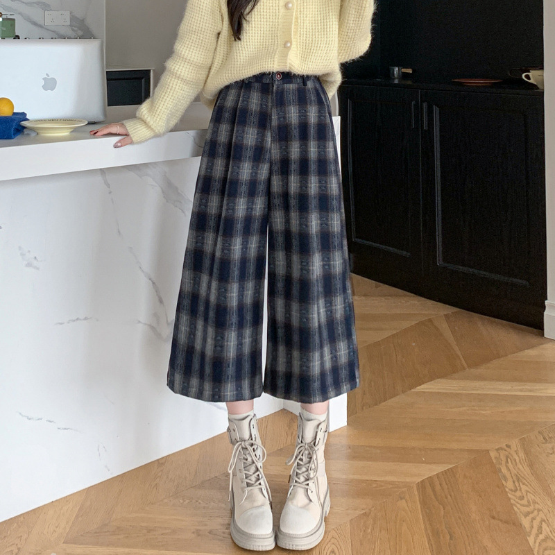 格子毛呢休闲裤女中高腰呢子八分裤显高阔腿裤外穿打底裤靴裤|undefined
