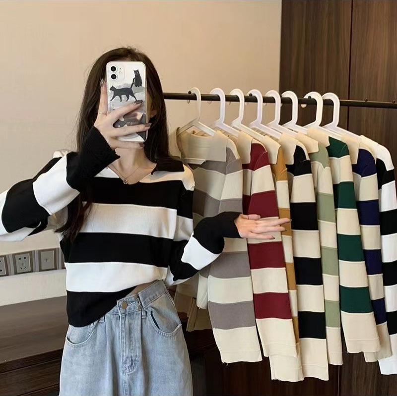 2025 Autumn and Winter Cross-border Small Top Women's Sweet Style Lapel Striped Sweater Loose Long-sleeved Base Shirt