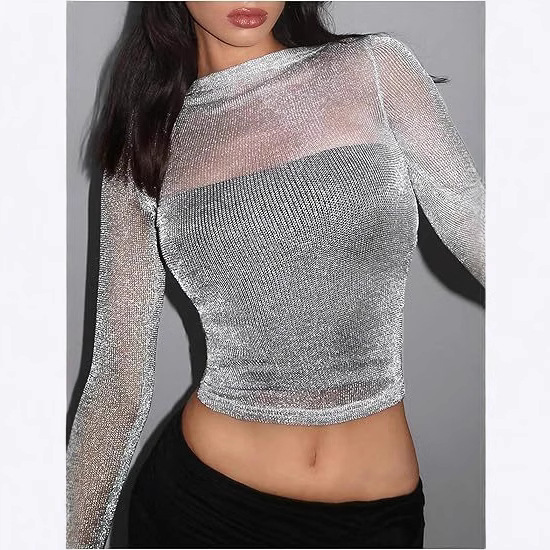 Cross-Border Amazon Mesh Lace Top See-Through Cut Out Long-Sleeved Slim Waist Round Neck Short t European and American Cross-Border