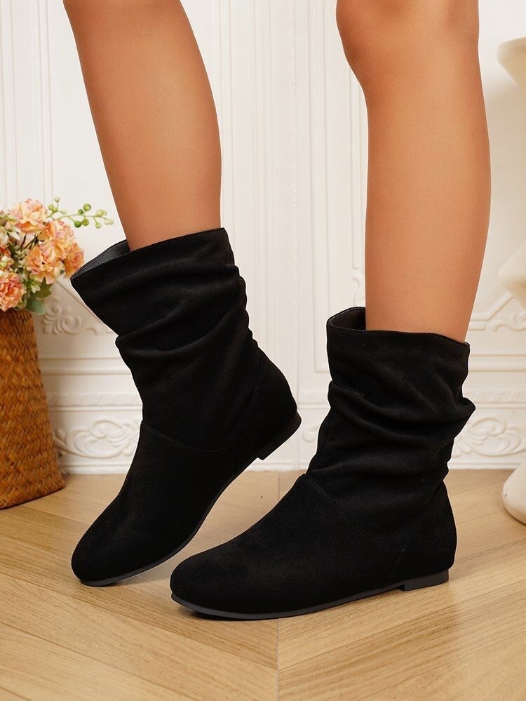 Women's Pleated Slouch Boots Round Toe Suede Retro Style Winter_voghion.com