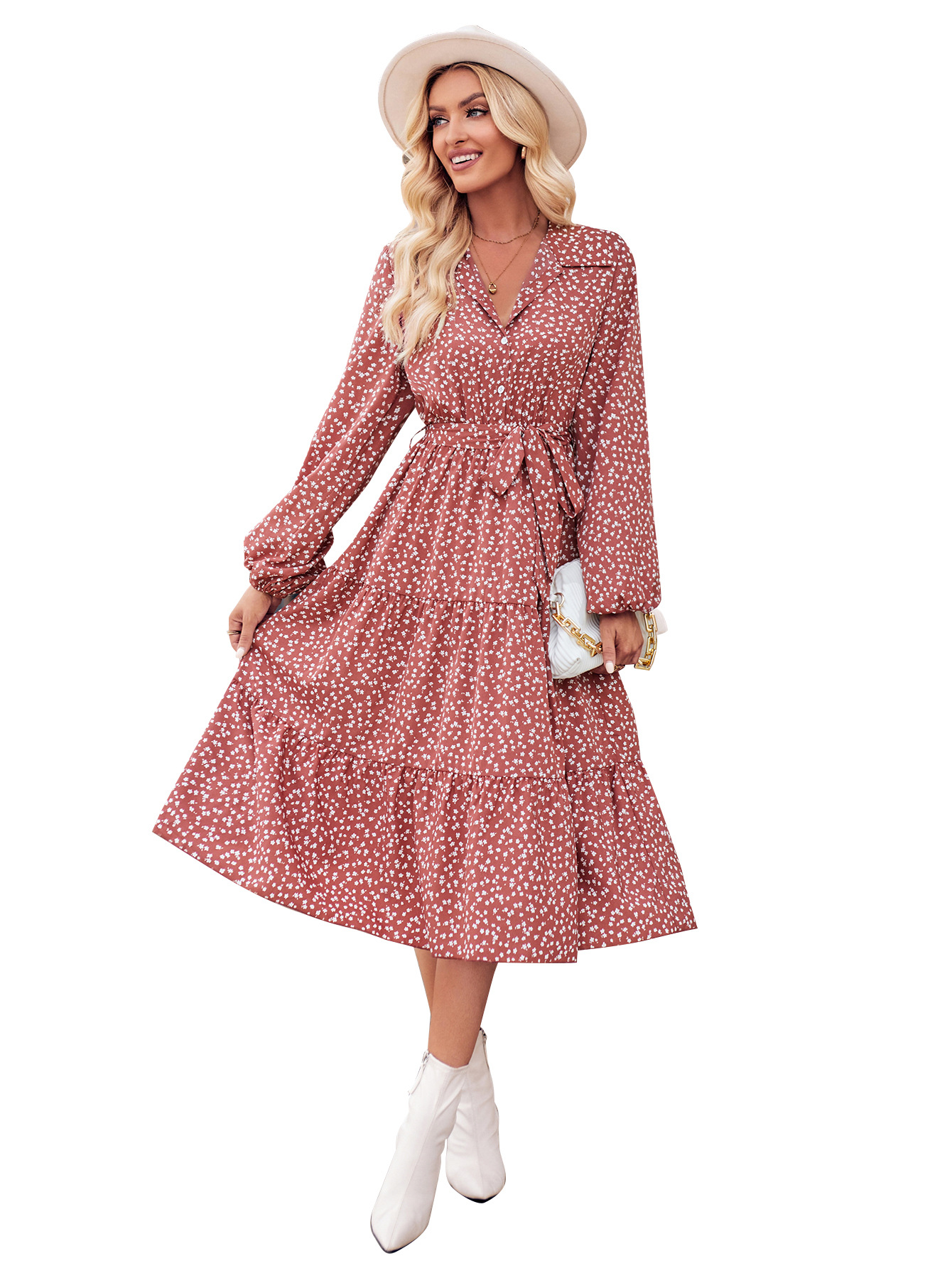 Printed Long Sleeve Loose Casual Slit Midi Dress main image 1