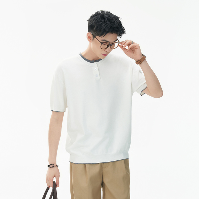 ZH8102-MM男女同款潮牌拼接时尚通勤假两件亨利领针织短袖T恤，男装针织衫/毛衣，星座614