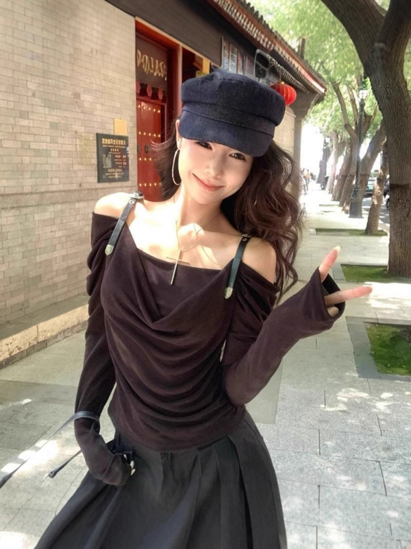 新款露肩收腰显瘦美式辣妹荡领一字肩长袖T恤女早秋纯欲绝美上衣|undefined