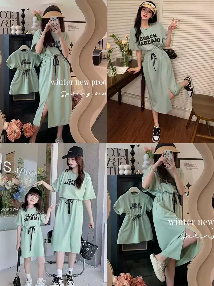 现货韩版宽松亲子装一家三口四口婴儿母女洋气显瘦连衣裙家庭装