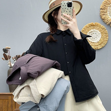 韩版简约尖领纯色夹棉衬衫外套 女秋冬新款夹棉保暖上衣外套 潮