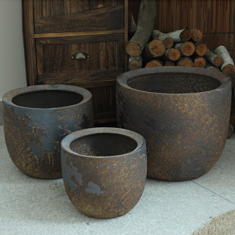 粗陶花盆大口径阳台创意摆件复古侘寂风陶瓷花坛家居室内装饰品