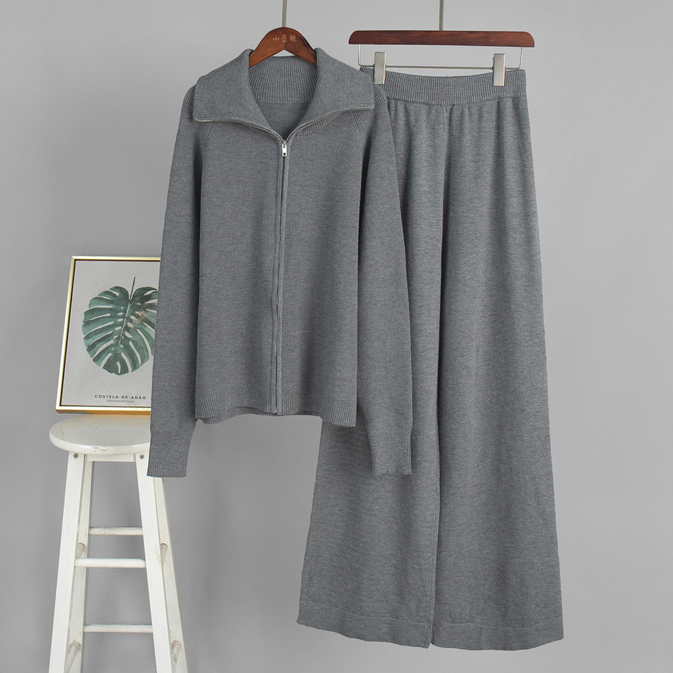Bộ áo cardigan dệt kim khóa kéo phối quần dài ống rộng nữ — màu bột yến mạch, màu nâu, màu xám, trắng chi tiết 6