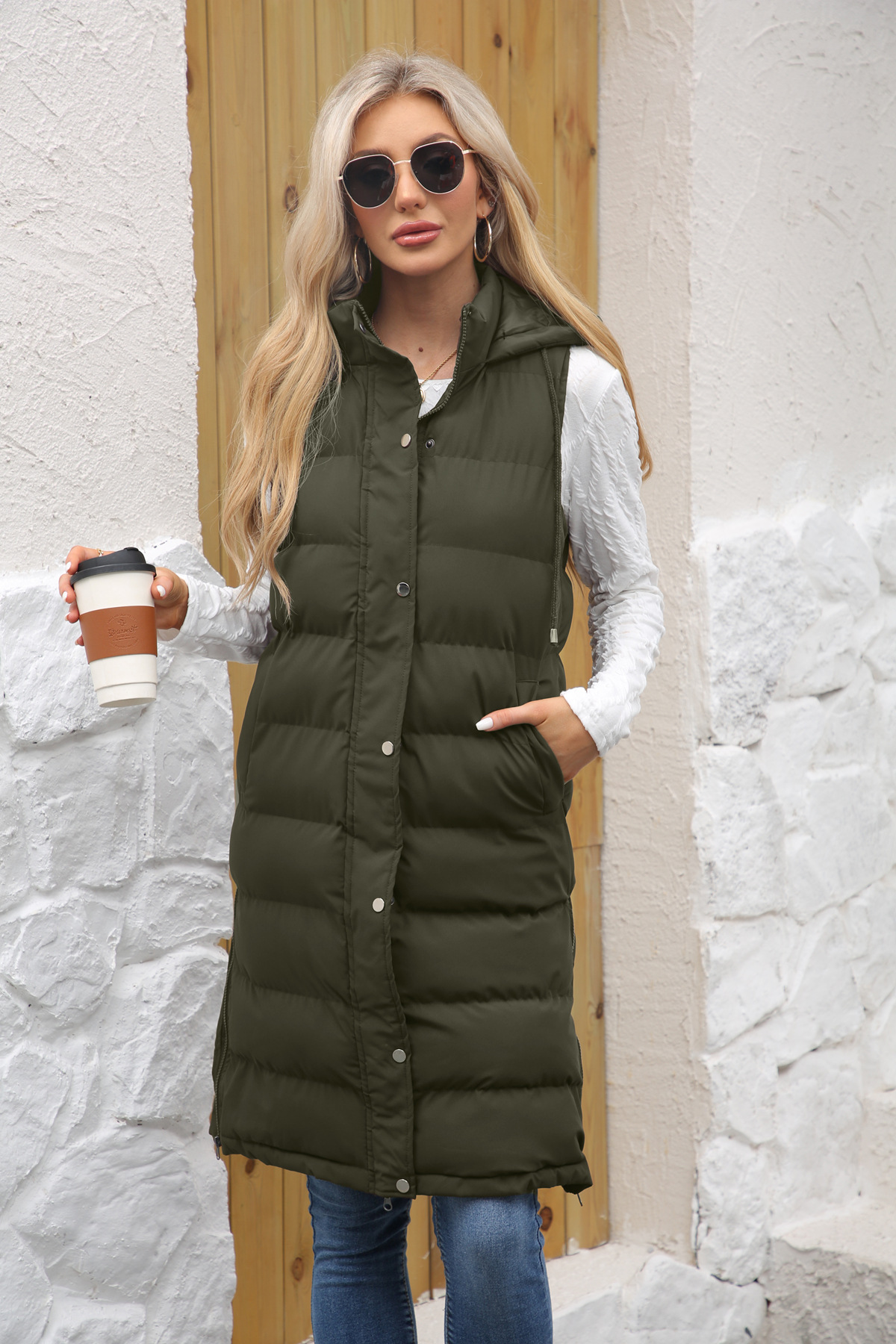 Women's Long Sleeveless Hooded Vest With Zip Front, Quilted Padded Jacket For Winter, Casual Outerwear In Solid Colors_voghion.com