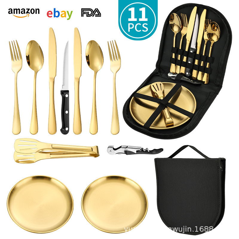 Amazon Outdoor Camping Stainless Steel Knife, Fork, Spoon Tableware Steak Knife Bottle Opener Picnic Portable Storage Bag Set