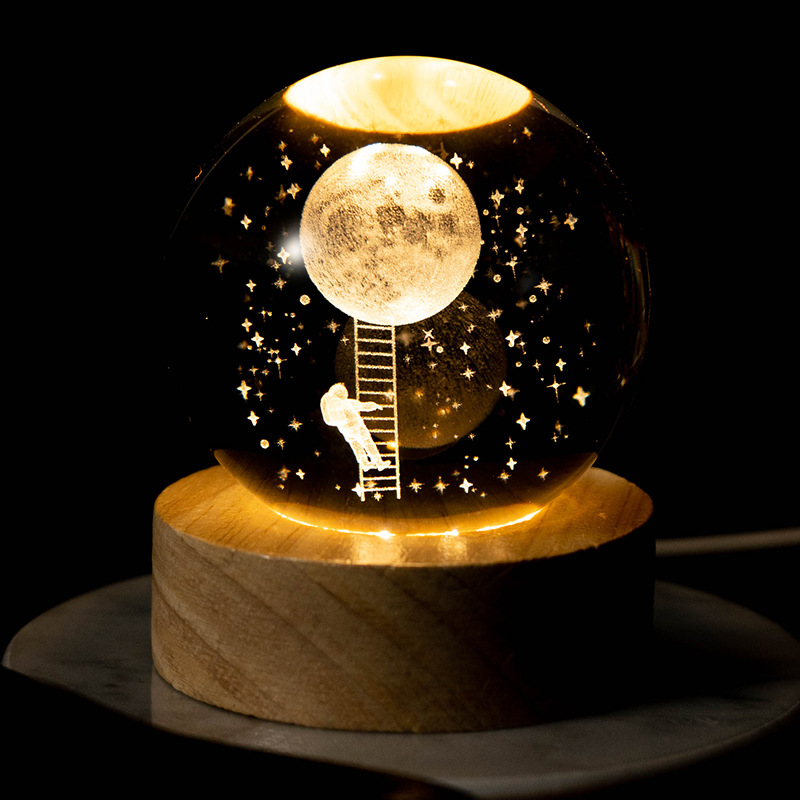Luminoso Galaxy talla interior Luna bola de cristal luz la noche creativa decoración escritorio USB base madera regalo para niños y niñas