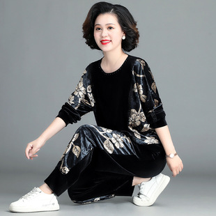 Middle-Aged and Elderly Women's Spring Gold Velvet Sportswear Suit, Middle-Aged Fat Mother's Large Size Spring & Fall Sweatshirt, Western Style Two-Piece Set