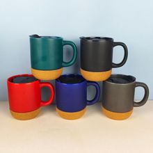 外贸软木底马克杯 定logo陶瓷木底杯 带塑料盖咖啡杯印图案广告