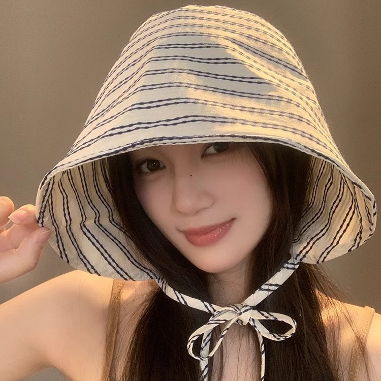 条纹系带渔夫帽女2025新款大帽檐显脸小百搭韩版防晒包头水桶盆帽|undefined