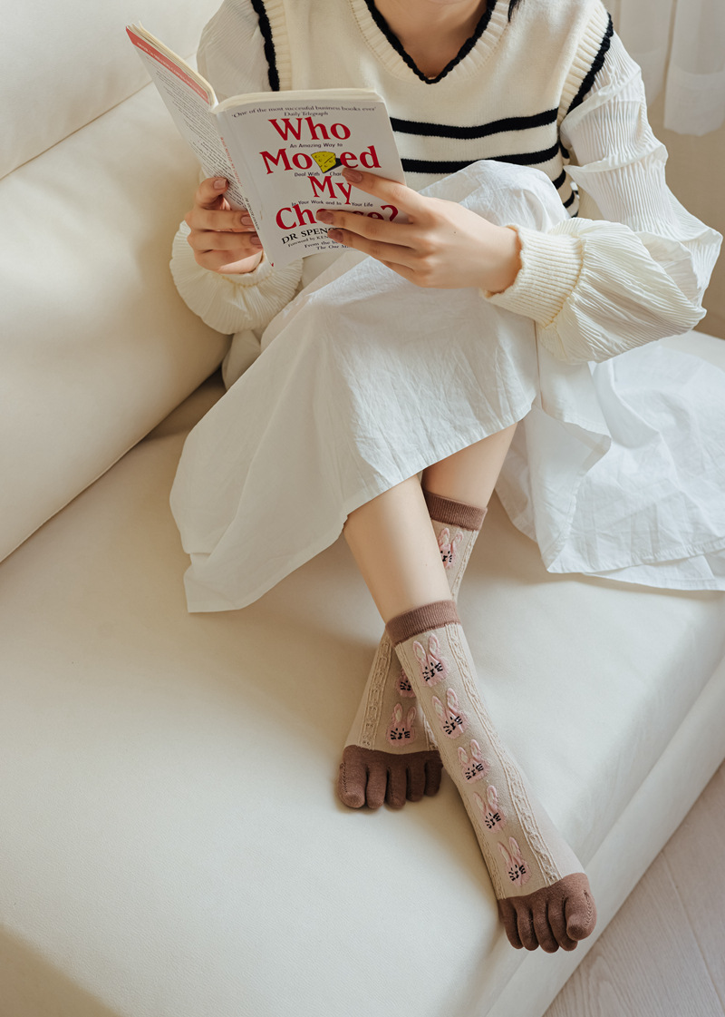 Frauen Herbst Und Winter Reine Baumwolle Fünf Finger Socken Gedruckt Split Toe Socken Vintage Bequeme Socken – Detail 3