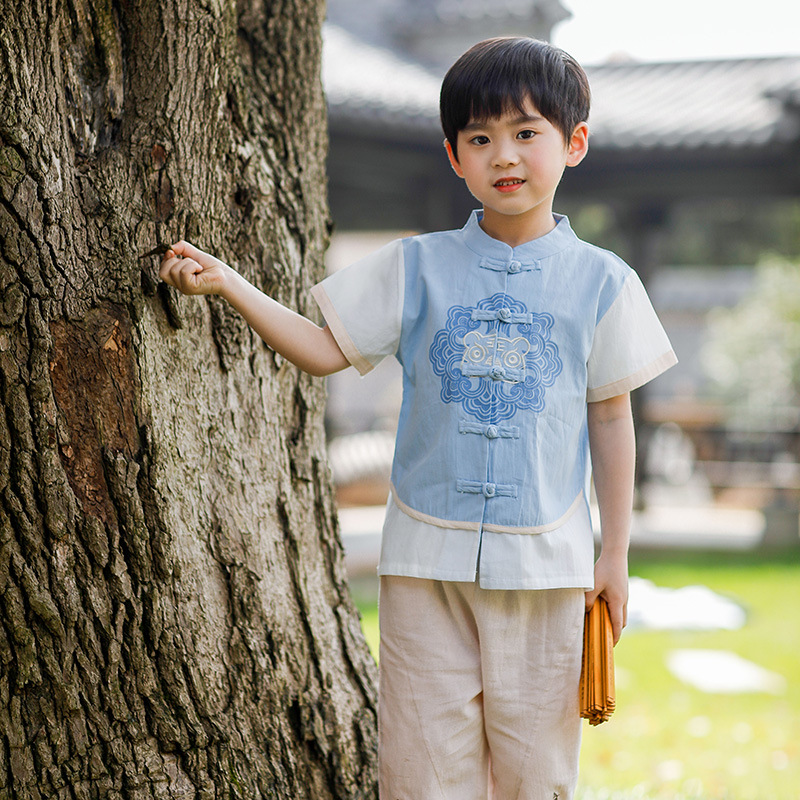 Children's Tang suit summer new boy's Chinese-style embroidered retro Hanfu two-piece set baby national trend first birthday dress