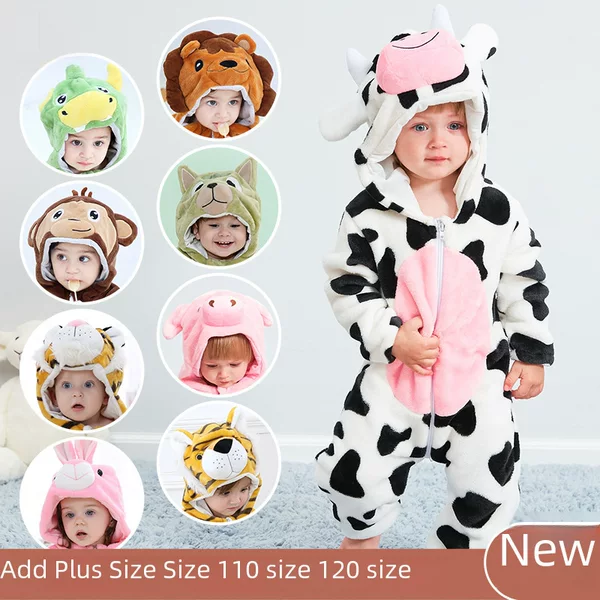 Michley Infant and Toddler Flannel Animal Onesie Baby Outdoor Clothing Cross-Border Autumn and Winter Cartoon Hooded Romper