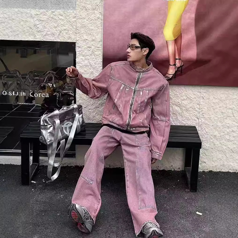 Dopamine Pink Denim Jacket Coat suit Men's Painted Pleated American High Street Couple Fashion Brand Two-Piece Set