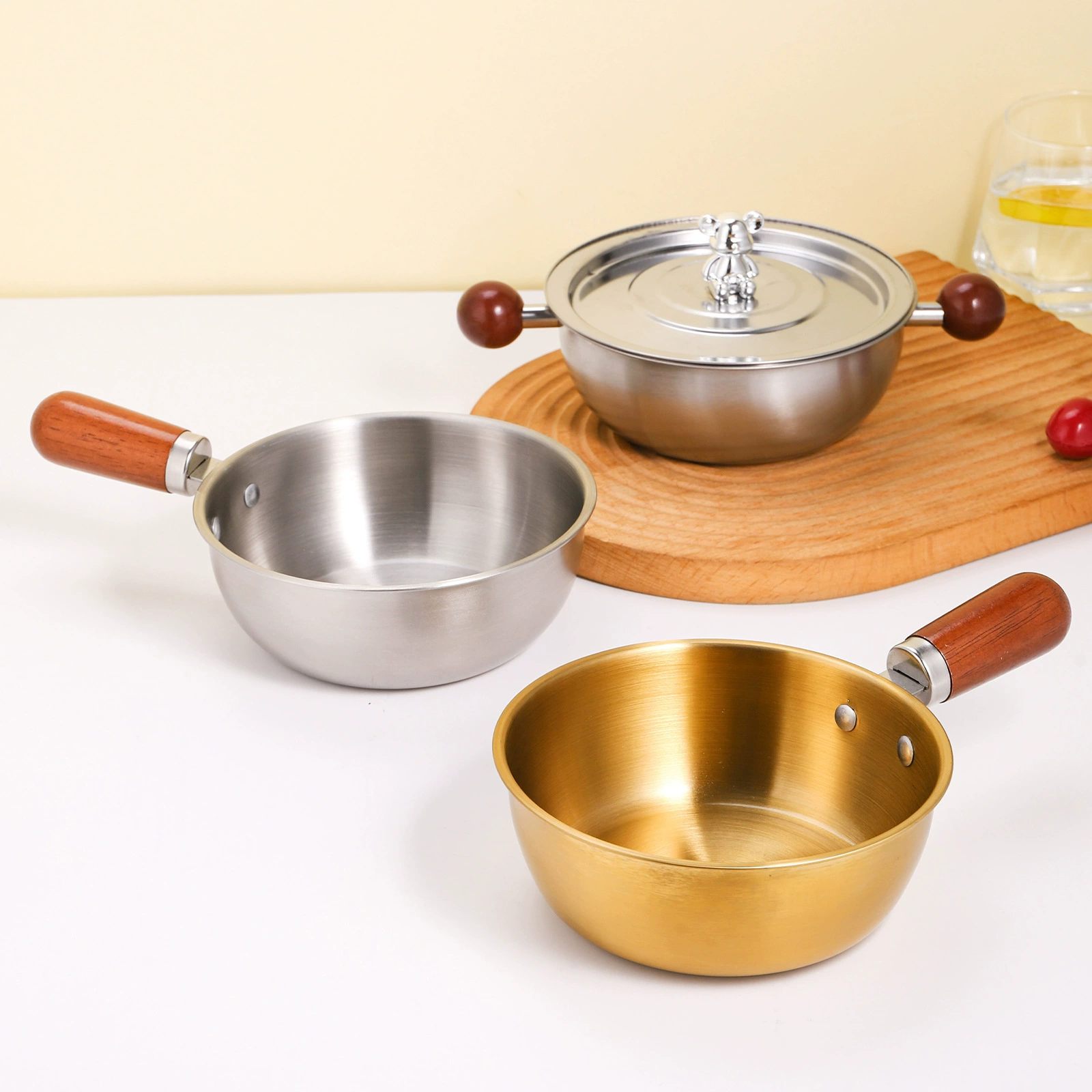 Мини-кастрюля из нержавеющей стали с ручкой из орехового дерева, кастрюля для лапши быстрого приготовления, салатница, кастрюля для запеченного риса, кастрюля для пищевых добавок, кастрюля для молока, японский стиль для одного человека