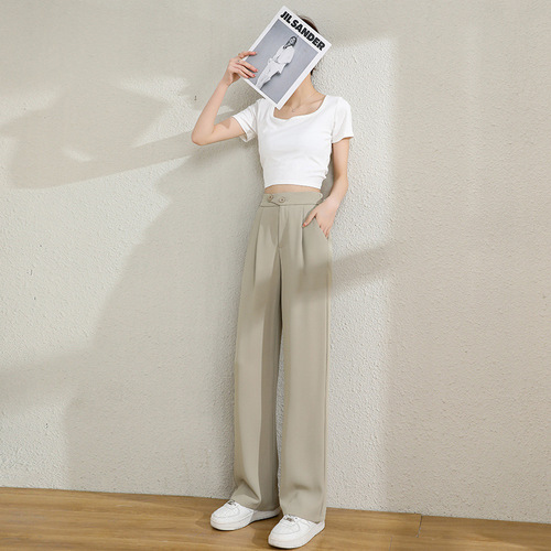 Actual shot of the new 2022 summer thin material drapey high-waisted suit for small women, straight-leg slimming wide-leg floor-length pants