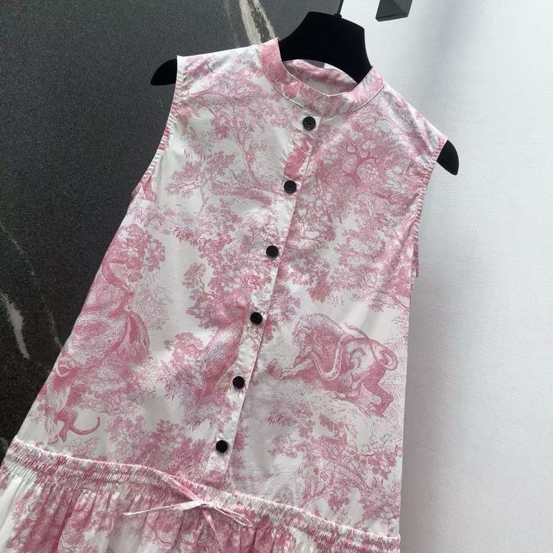 深圳南油直供夏季新品减龄时尚百搭印花圆领单排扣无袖收腰连衣裙|undefined