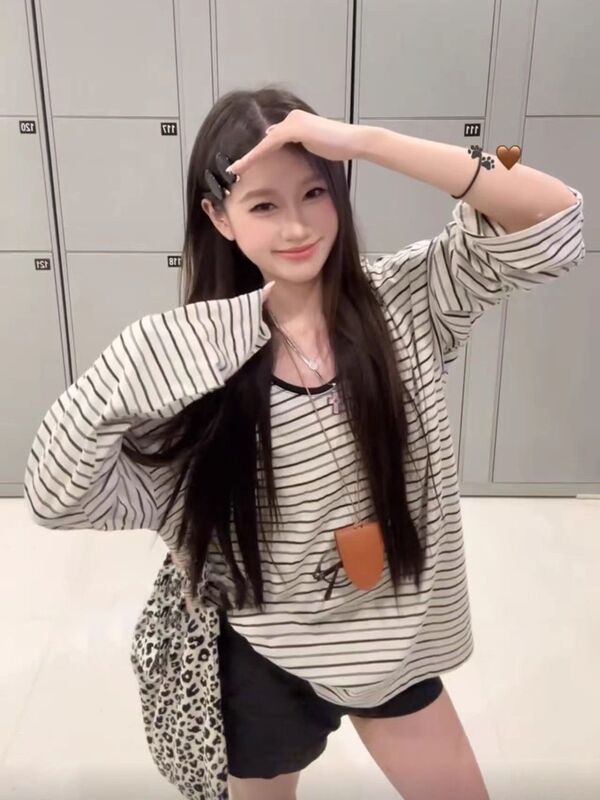 美式复古慵懒风松弛感条纹长袖t恤女装春秋季设计感宽松显瘦上衣|undefined