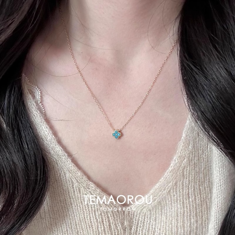 S925镀银绿松石四叶草项链高级感轻奢小众精致2025新款夏季锁骨链