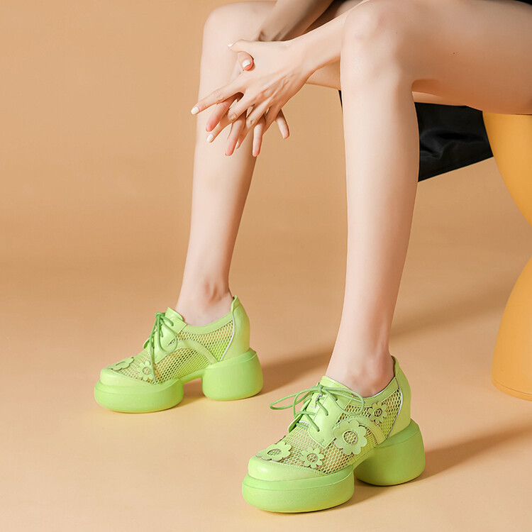 Spring and Summer Women's Shoes with 10cm Inner Height Increase, Pink Thick-Heeled Platform Shoes, Cut Out Mesh Flowers, Sweet High-Heeled Shoes