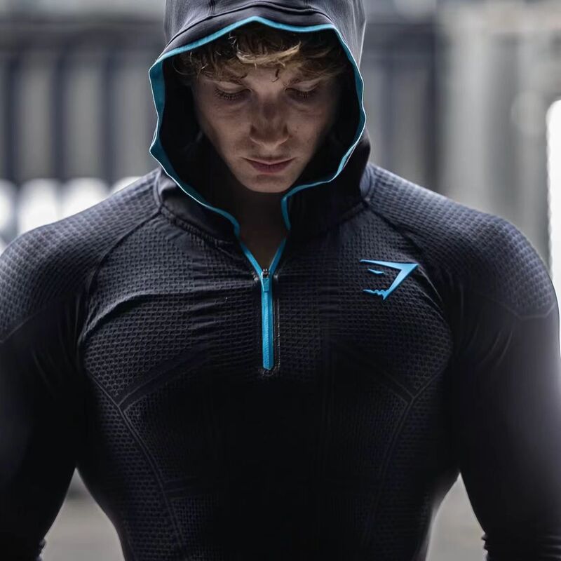 Gymshark Men's Long-Sleeved Autumn and Winter Classic Superhero Quick-Drying Stretch Hoodie Half-Zip Training Suit Gymshark Men's Long-Sleeved Autumn and Winter Classic Superhero Quick-Drying Stretch Hoodie Half-Zip Training Suit