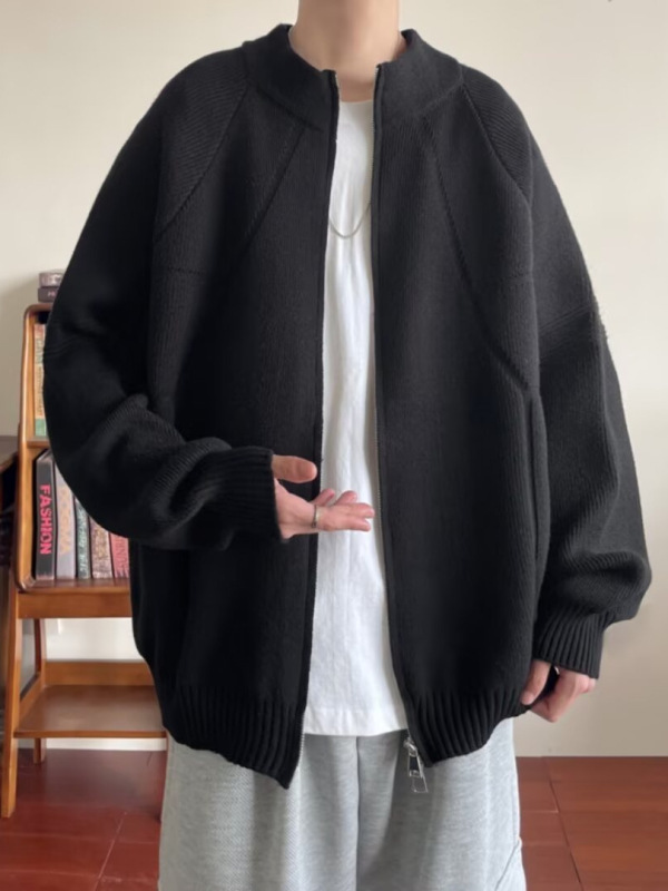秋冬季新款慵懒风简约百搭纯色拉链男士休闲宽松毛衣针织立领开衫|undefined