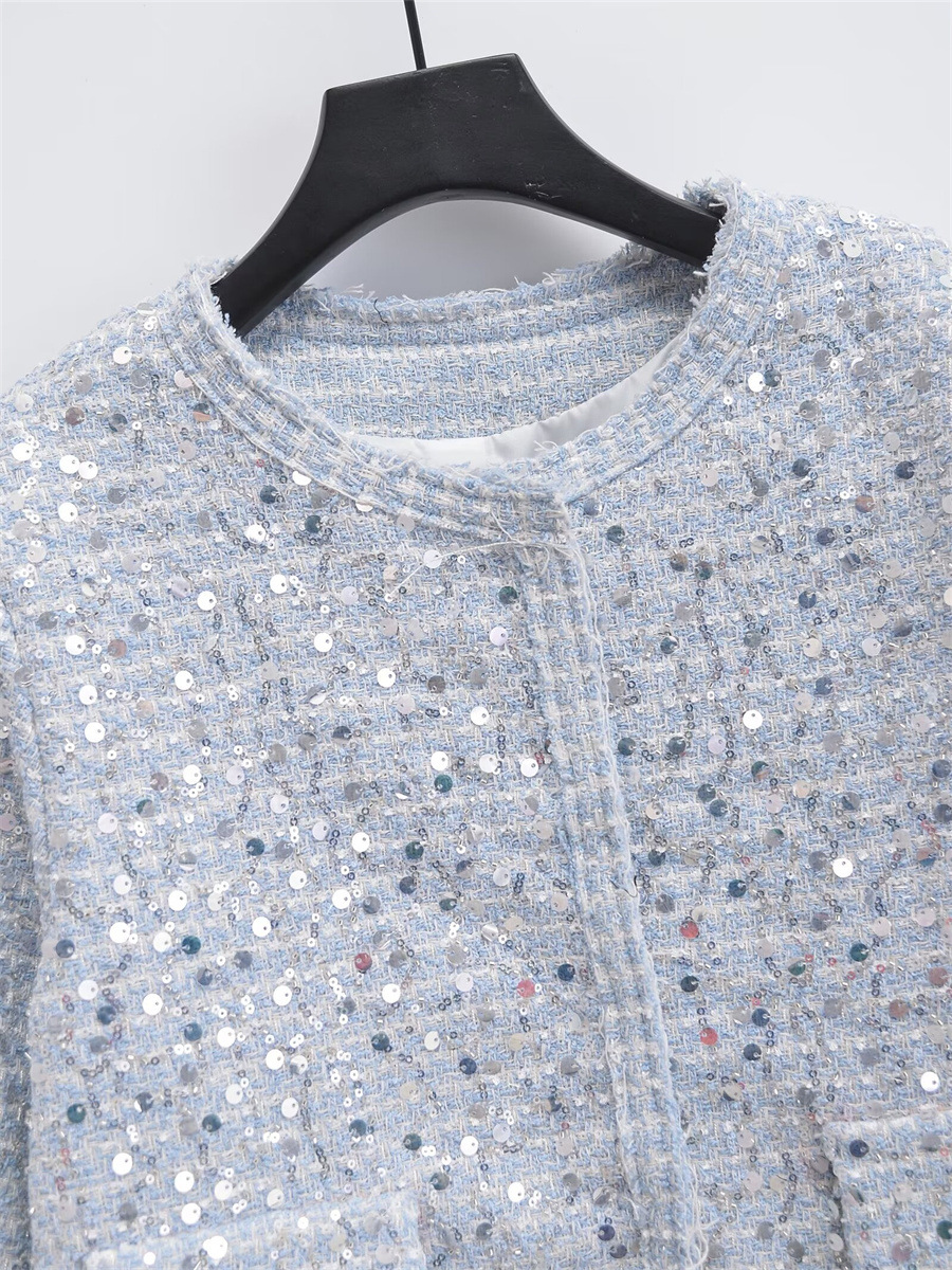 Round Neck Neckline Regular Fit Fit Type Women's Elegant Streetwear Solid Color Sequins Single Breasted Coat Casual Jacket