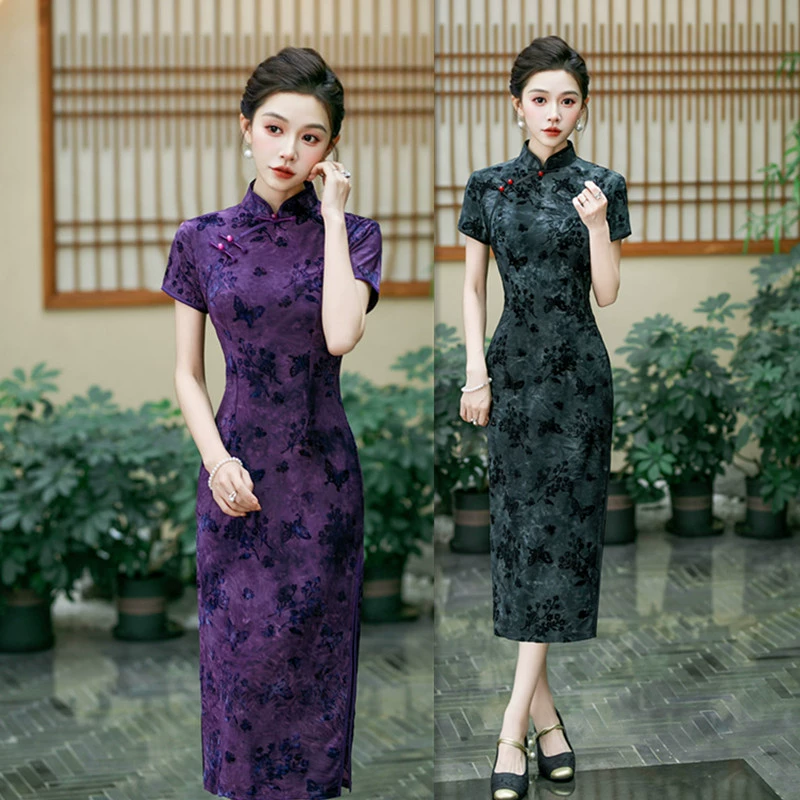 Старый Шанхайский ретро-китайский стиль, длинный флокированный Cheongsam с короткими рукавами, лето 2025, новый стиль, эластичный Cheongsam для мам среднего и пожилого возраста