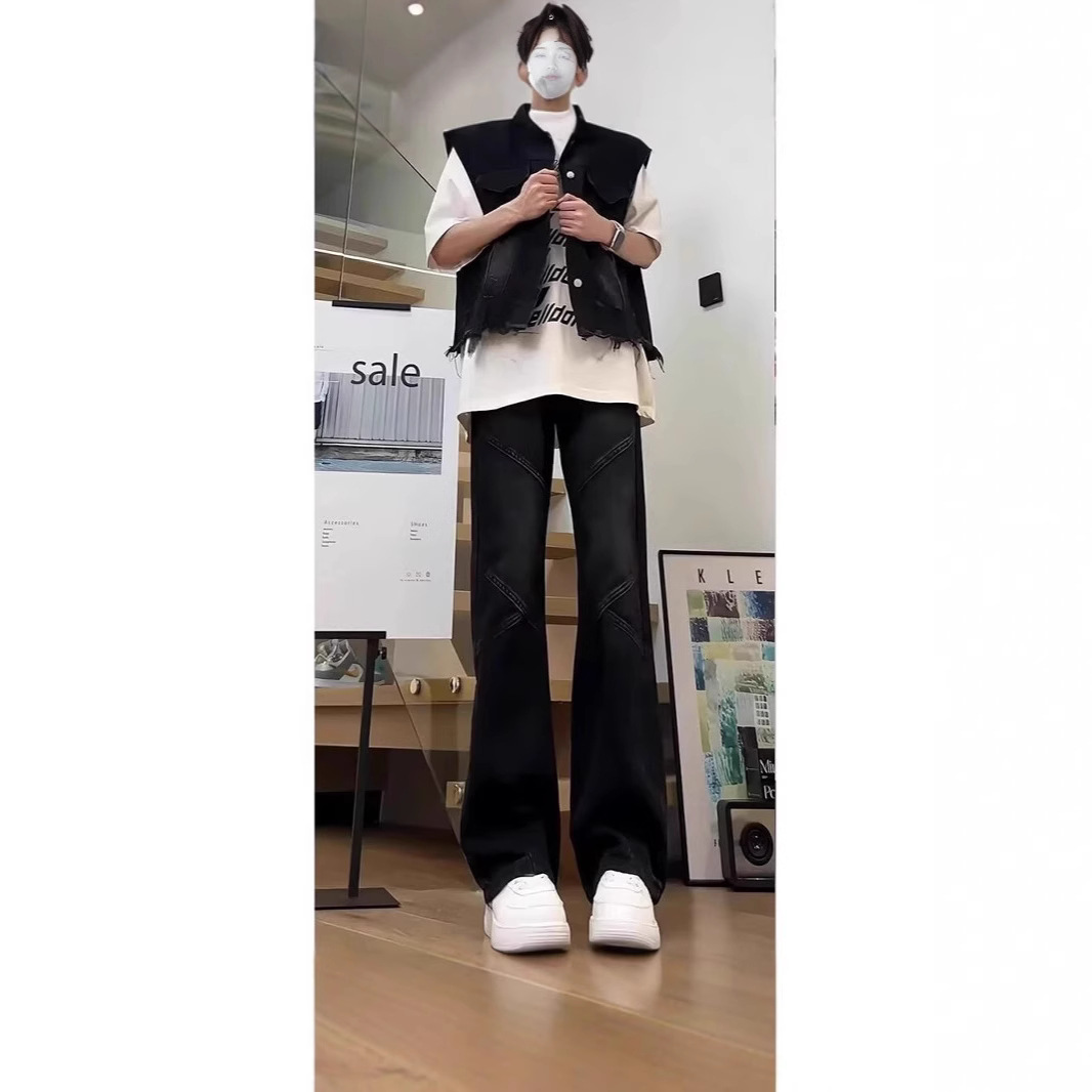 American Style Retro Jeans Men's Stitching Pants High Street Vibe Slim-Fit Slimming Straight Pants Thin Autumn