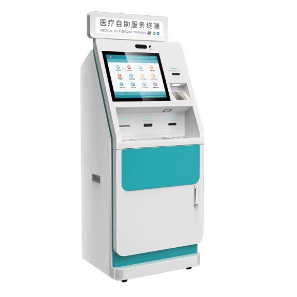 Терминал самообслуживания для оплаты в больницах с сенсорным экраном, выдачей билетов и функцией самостоятельной обработки.