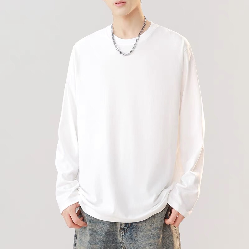 Heavy Cotton Long-sleeved T-shirt Men's Loose All-match Top Spring and Autumn Inner Crewneck Base Shirt Solid Color T-shirt