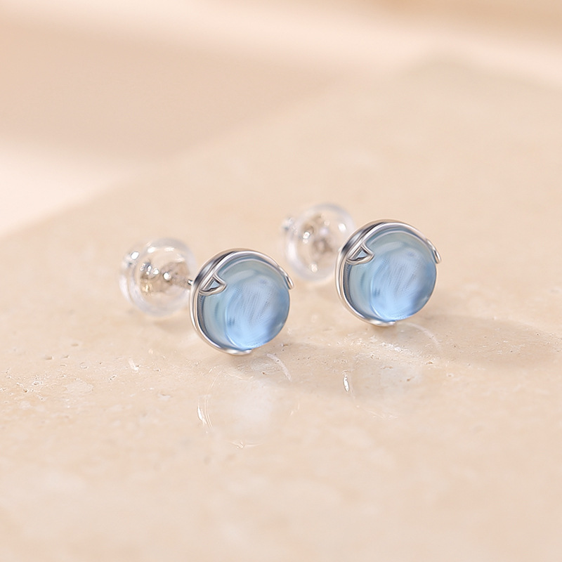 Bông tai bạc S925 đính đá Aquamarine hình lá bạch quả nhỏ — Một cặp