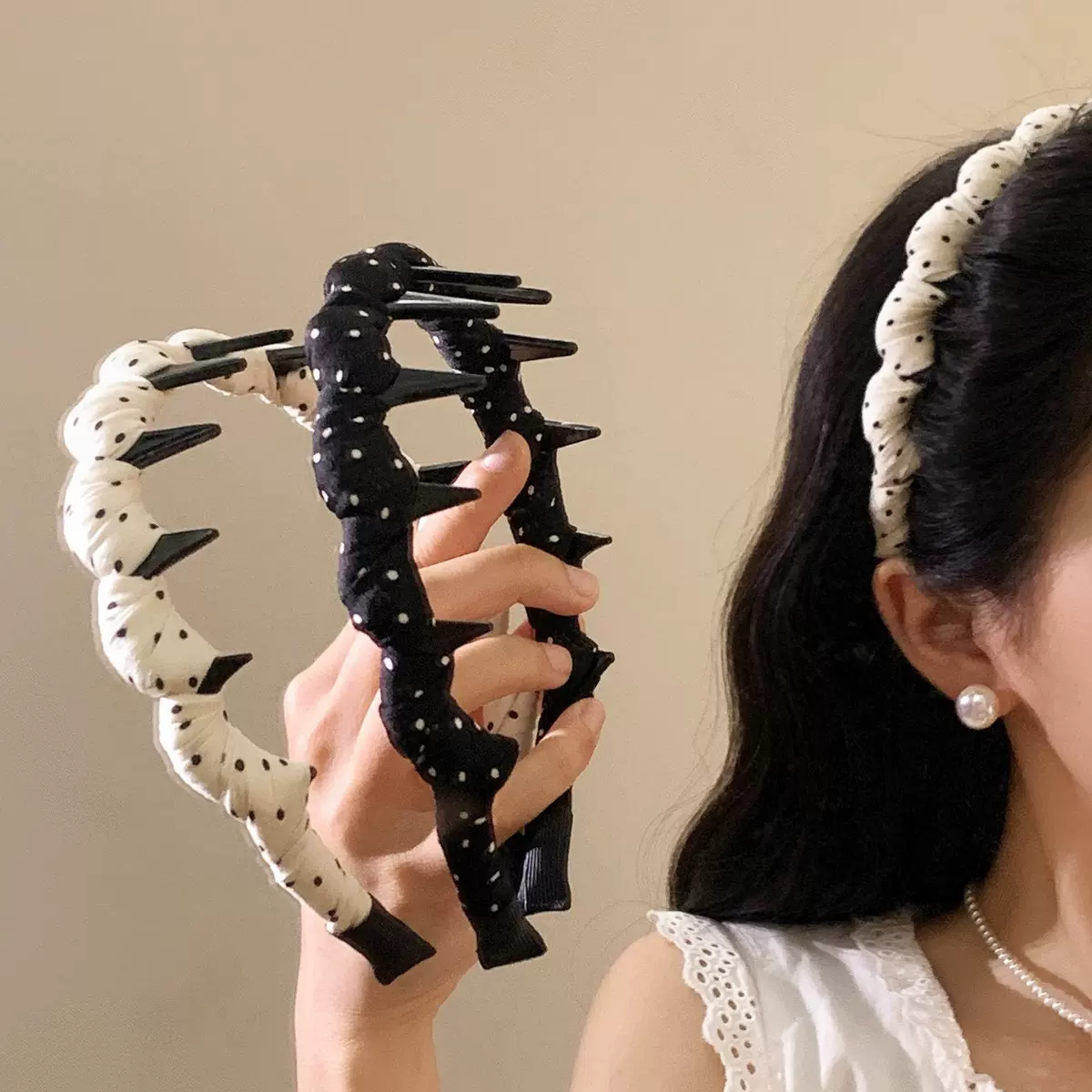 韩系百搭白色波点带齿波浪发箍女温柔头饰高颅顶洗脸日常外戴头箍