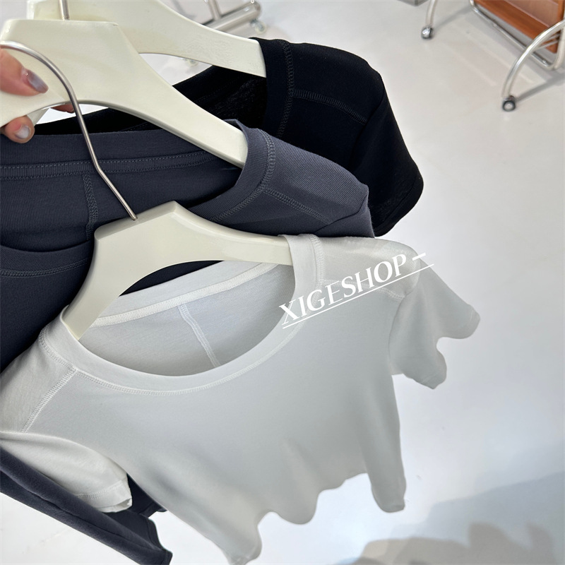 텐셀 울 크루 넥 반팔 티셔츠 여자 여름 입체 세분화 미니멀리스트 올 매치 숄더 핏 이너 탑 티