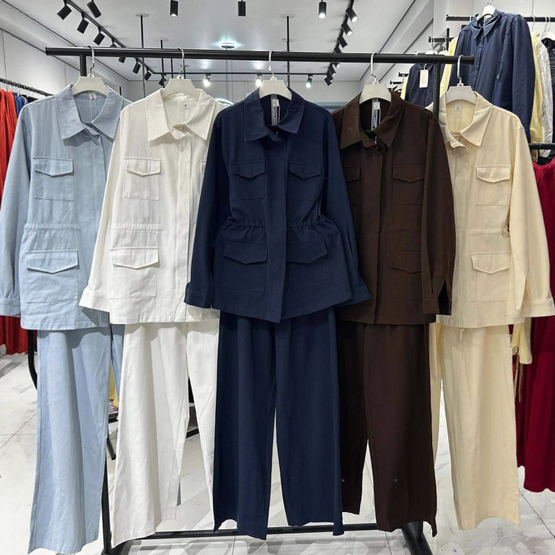 2025 Cross-Border European and American Export Women's Clothing Amazon Denim Long-Sleeved Button Retro Casual Pants Workwear Fashion Suit
