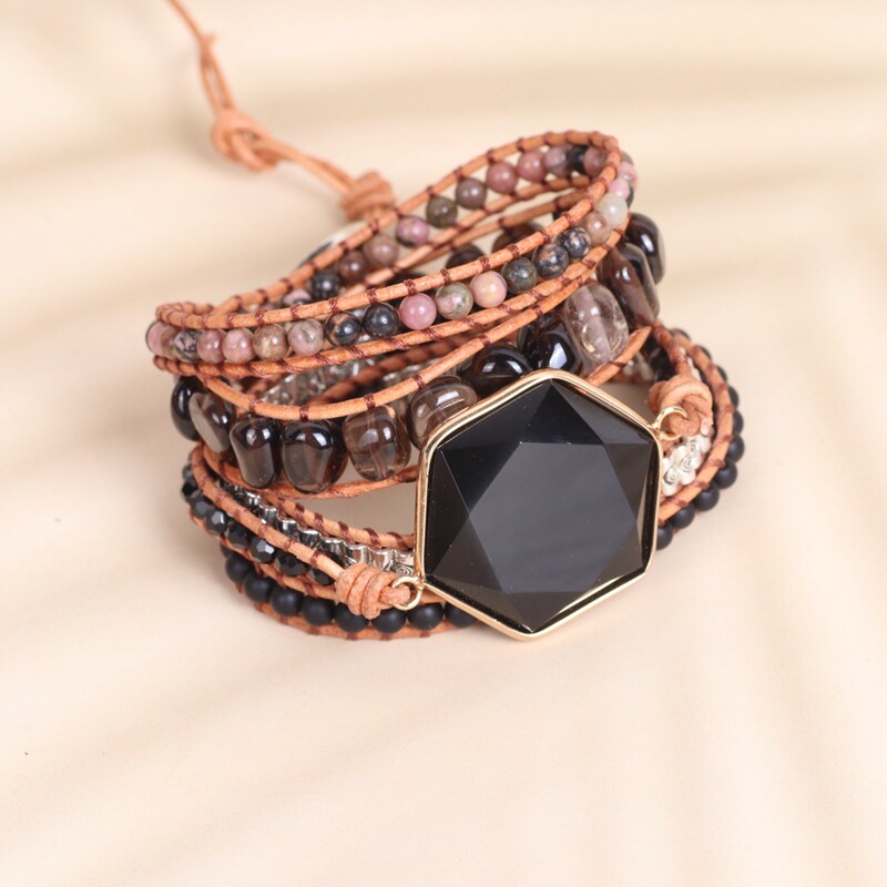 European and American obsidian double hanging pendant wrapped bracelet woven wrapped leather beaded bracelet jewelry
