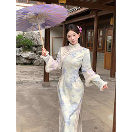 新中式国风厚款针织提花毛毛秋冬旗袍 清宫白羽紫花旗袍