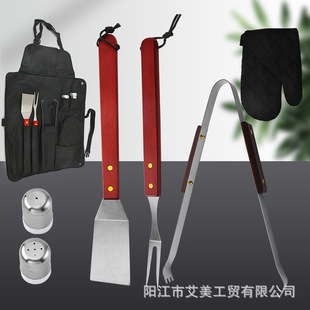 Apron 410 Stainless Steel Small Wooden Handle Grill Barbecue 6-Piece Set Fork Shovel Clip Seasoning Bottle Gloves Grill Set