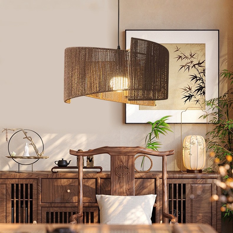 Hotel Residencial de Fengxian Hotel Comedor Zen Sala de estar Dormitorio Sala de té Cordilla de cáñamo hecha a mano nueva lámpara china