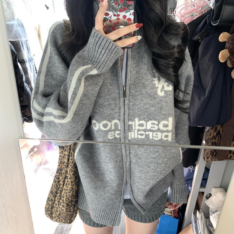 Oversize~ Baseball-Style Lapel Zipper Sweater Cardigan Women's Jacket Spring New Korean Style Loose Knitwear Oversize~ Baseball-Style Lapel Zipper Sweater Cardigan Women's Jacket Spring New Korean Style Loose Knitwear