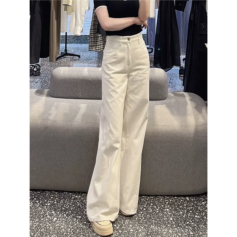 02724 Весенние французские ретро белые джинсы модные тонкие и стройные дикие свободные широкие брюки