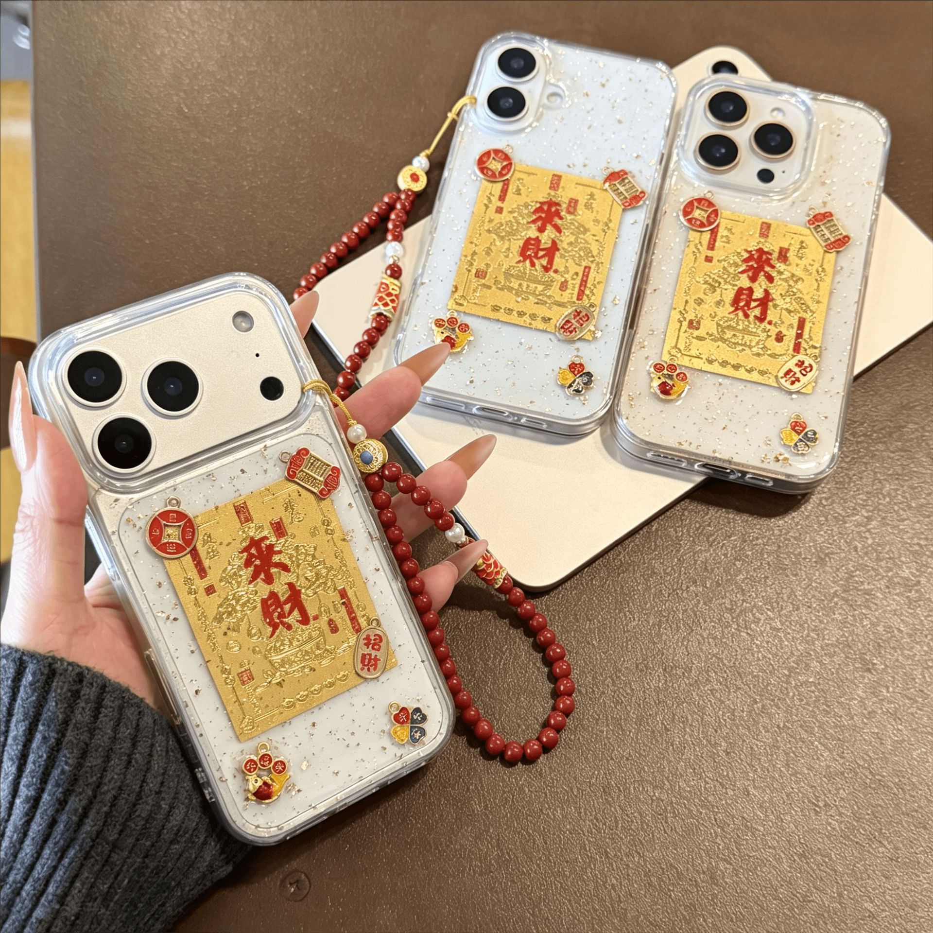 适用苹果18promax手机壳iphone17滴胶金箔来财招财16pro新款X创意