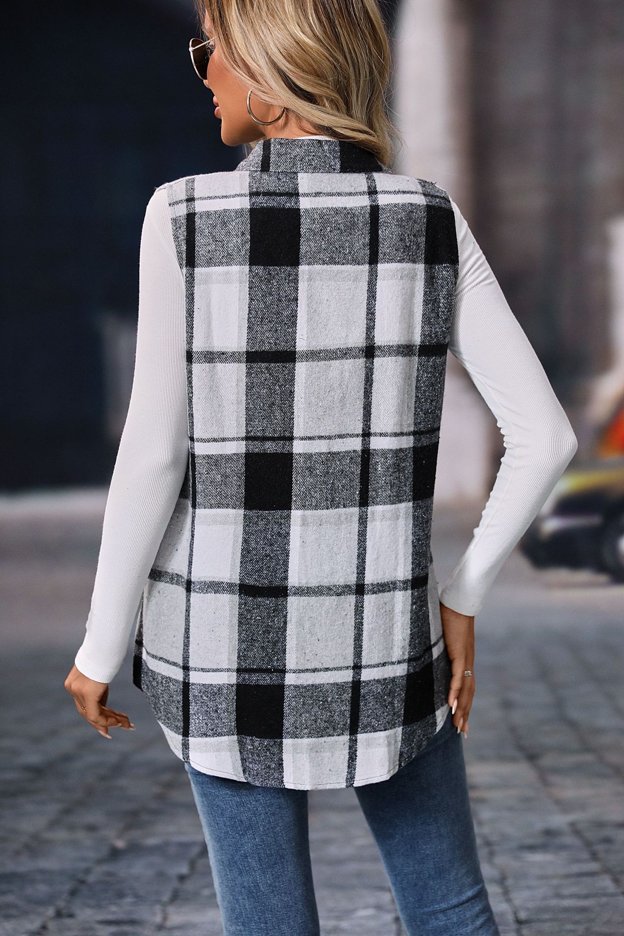 Gilet Sherpa à Carreaux Pour Femme - Sans Manches, Polaire - Col Montant Et Fermeture éclair - Décontracté - 2